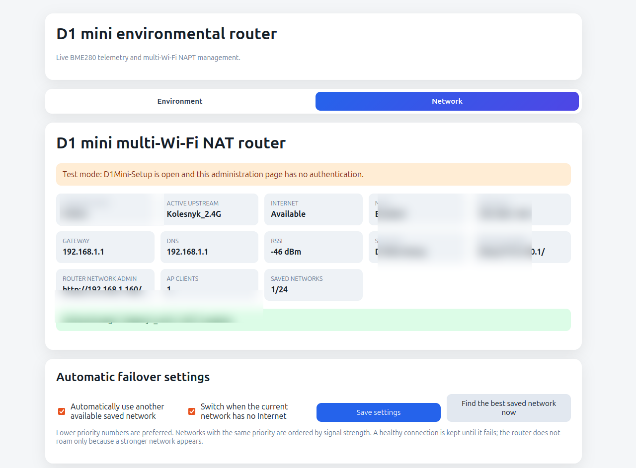 OpenEnvRouter network dashboard showing upstream Wi-Fi Internet status and NAPT state