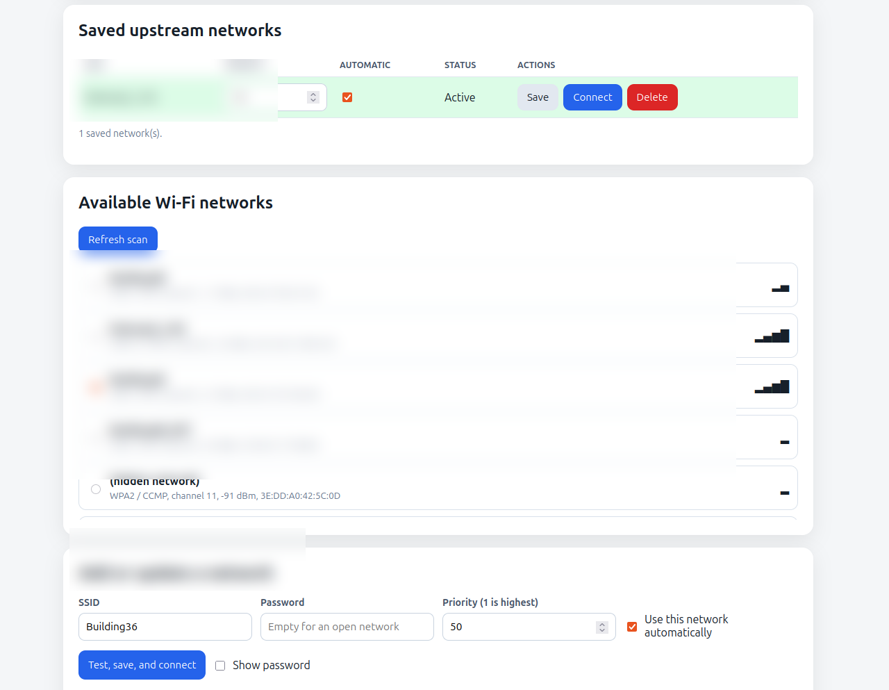 OpenEnvRouter saved Wi-Fi profiles and available wireless network scan